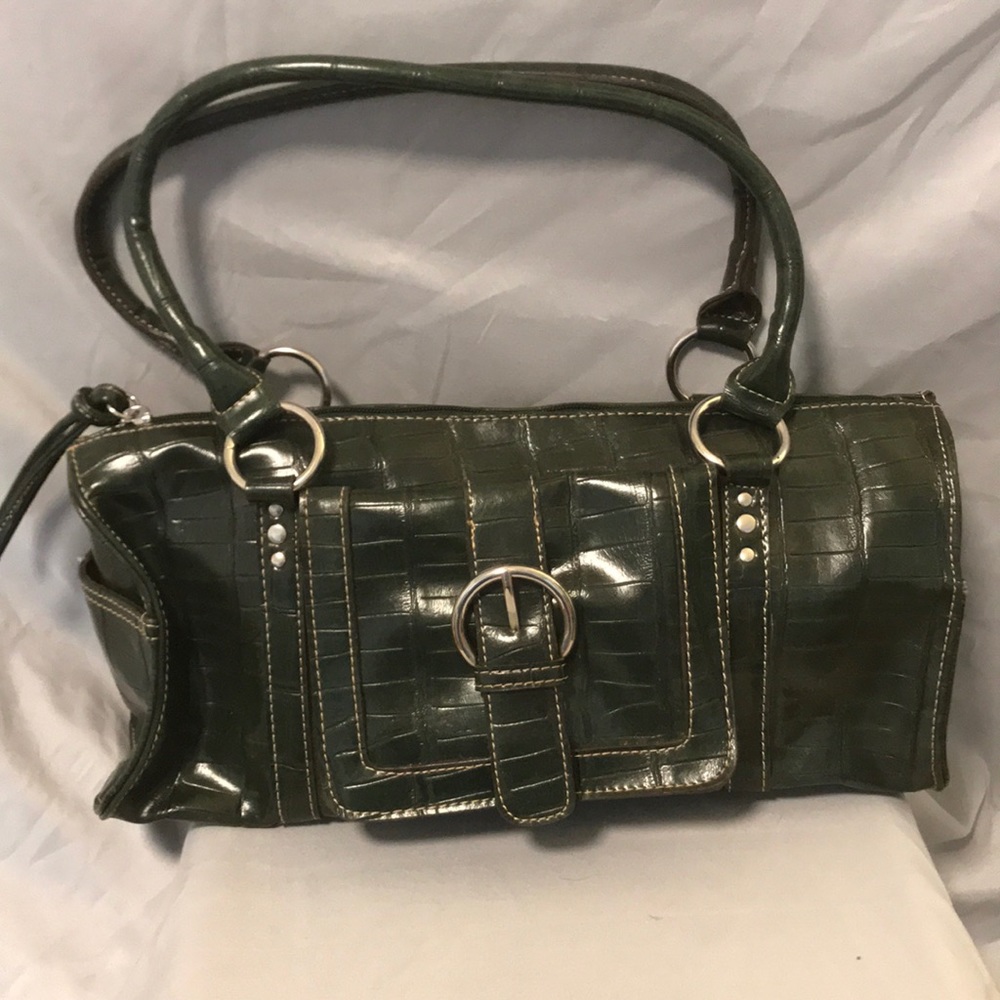 Dark green vegan alligator leather satchel